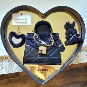 Aldo Black Quilted Handbag Heart Shaped Gift Set